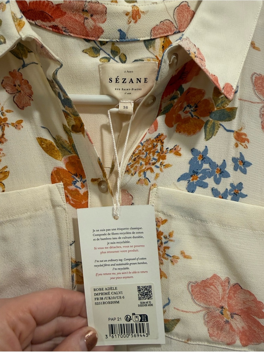 NWT. Sezane Adele Midi Dress Calvi Print, Cream Floral with Pink & Blue Blooms - Picture 6 of 7